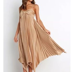 Petal & Pup Vikki Dress - Gold Pleated Midi Dress